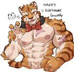  2022 abs aidemcc anthro arm_scar bow_tie bow_tie_only chest_scar digital_drawing_(artwork) digital_media_(artwork) felid fur grantly hi_res knights_college male mammal mostly_nude muscular muscular_anthro muscular_male one_eye_closed orange_body orange_eyes orange_fur pantherine pecs scar solo striped_body striped_fur stripes tiger wink 