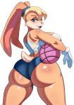  2023 anthro ball basketball_(ball) big_breasts big_butt blonde_hair blue_eyes blush breasts butt female hair hi_res huge_butt lagomorph leporid lola_bunny looking_at_viewer looking_back looking_back_at_viewer looney_tunes mammal rabbit simple_background solo warner_brothers white_background ytrall 