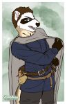  belt belt_pouch black_nose blue_eyes brown_hair cape clothed clothing domestic_ferret ear_tuft facial_markings facial_tuft fantasy farret fully_clothed furry_artist grey_cape hair head_markings head_tuft hi_res holding_object holding_sword holding_weapon kelchan male mammal markings mask_(marking) melee_weapon mustelid musteline neck_tuft open_mouth pink_inner_ear solo sword sword_sheath tail tail_tuft true_musteline tuft weapon weasel white_ears white_face white_tail zombikiss 