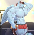  abs anthro big_muscles blue_body blue_feathers bodily_fluids bottle bottomwear bulge clothed clothing container digital_media_(artwork) equid equine fan_character feathered_wings feathers hasbro hi_res holding_object male mammal muscular muscular_anthro muscular_male my_little_pony navel open_mouth pegasus shirtless shorts signature sluggu solo sweat topless towel vein veiny_muscles water_bottle wings 
