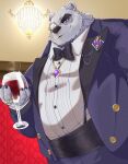  2023 anthro bear belly big_belly black_nose borealis_(live_a_hero) clothed clothing detailed_background eyewear happyhyena0 hi_res humanoid_hands kemono lifewonders live_a_hero male mammal monocle overweight overweight_male polar_bear solo suit ursine white_body 
