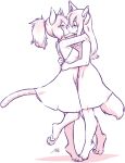  absurd_res anthro aogami biped canid canine clothed clothing digital_media_(artwork) dress duo eyes_closed felid feline female female/female fur hair hi_res kiss_on_lips kissing mammal monochrome simple_background white_background 