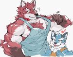  &lt;3 2022 abs aidemcc anthro apron apron_only argo_(knights_college) blood blue_apron blue_body blue_eyes blue_fur bodily_fluids canid canine canis clothing diederich_olsen_(knights_college) digital_drawing_(artwork) digital_media_(artwork) duo fur knights_college male mammal mostly_nude muscular muscular_anthro muscular_male nipple_slip nosebleed orange_apron pecs red_body red_eyes red_fur simple_background white_background white_body white_fur wolf 