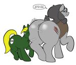  2023 big_butt black_text blonde_mane butt clothed clothed_feral clothing cutie_mark dialogue digital_drawing_(artwork) digital_media_(artwork) english_text equid equine face_on_butt facial_scar fan_character feral green_body grey_body grey_mane grey_tail hasbro horse looking_back lunis1992 mammal mane my_little_pony one_eye_closed pony scar simple_background smile sound_effects tail text white_background yellow_tail 