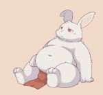  2023 anthro asian_clothing belly big_belly bulge clothing east_asian_clothing flappydog fundoshi japanese_clothing kemono lagomorph leporid male mammal navel overweight overweight_anthro overweight_male rabbit red_clothing red_fundoshi red_underwear simple_background sitting solo underwear white_body 