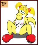  anthro banana_peel biped border breasts clothing digital_drawing_(artwork) digital_media_(artwork) dinosaur female food footwear fruit genitals green_eyes mario_bros nintendo nipples nude pigtails plant pussy red_border reddragonkan reptile scalie shoes sitting solo yoshi 