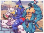  2023 4:3 abs anthro anthro_on_anthro armor avian beak biceps big_bulge big_butt big_muscles bird blurred_background blush border breath_of_the_wild briefs bulge butt clothed clothing cloud day detailed_background eyebrows feathers frown group group_sex hand_on_chest hand_on_shoulder hi_res huge_muscles imminent_sex kass_(tloz) lying male male/male male_on_bottom male_on_top markings muscular muscular_anthro muscular_male navel nintendo nipples non-mammal_nipples obliques on_back on_bottom on_lap on_top outside pauldron pecs pubes revali rito rock scarf sex sitting size_difference sky smile speedo standing straps swimwear teba_(tloz) the_legend_of_zelda thick_thighs threesome topless topless_anthro topless_male trio tuft underwear vier_punksterne watermark white_border 