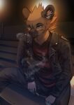  2023 aggressive_retsuko anthro black_bottomwear black_clothing black_jacket black_pants black_topwear bottomwear brown_body brown_fur cigarette clothing dancrescentwolf digital_drawing_(artwork) digital_media_(artwork) fur haida hi_res hyena jacket leather leather_bottomwear leather_clothing leather_jacket leather_pants leather_topwear male mammal pants pattern_clothing pattern_shirt pattern_topwear red_clothing red_shirt red_topwear sanrio shirt sitting smoking solo spotted_hyena spread_legs spreading topwear 