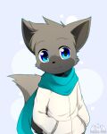  2017 anthro artist_logo artist_name black_nose blue_eyes clothing devil-vox digital_drawing_(artwork) digital_media_(artwork) dotted_background fur green_clothing green_scarf grey_body grey_ears grey_fur grey_hair grey_tail hair hand_in_pocket jacket kemono logo looking_at_viewer male mammal monotone_ears monotone_hair multicolored_body multicolored_fur pattern_background pockets raised_tail scarf simple_background smile solo standing tail topwear two_tone_body two_tone_fur unknown_character white_clothing white_jacket white_topwear 