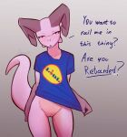  2023 absurd_res anthro bottomless clothed clothing dialogue digital_media_(artwork) english_text female genitals hi_res horn jarnqk kobold lidl looking_at_viewer lya_(jarnqk) pussy question_mark red_eyes scalie shirt shirt_only signature simple_background slur solo text topwear topwear_only 