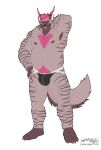  absurd_res anthro black_sclera body_hair bulge canid canid_demon chubby_male clothing demon facial_hair facial_tuft hair hellhound hi_res horn hyena jock jockstrap ligoni looking_at_viewer male mammal nipples pink_eyes pink_hair solo underwear 