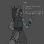  1:1 anthro april_dawn bracelet dialogue domestic_cat english_text felid feline felis female frostwyrm102 fur gesture greyscale hair jewelry mammal monochrome pointing ponytail solo spiked_bracelet spikes striped_body striped_fur stripes text whiskers 