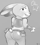  &lt;3 2023 ambiguous_gender anthro belt belt_accessory big_butt buckteeth butt clawed_fingers claws clothed clothing dialogue digital_drawing_(artwork) digital_media_(artwork) disney ears_down female greyscale judy_hopps lagomorph leporid looking_at_viewer looking_back looking_back_at_viewer mammal monochrome pivoted_ears rabbit ram_satinga rear_view scut_tail short_tail simple_background smile tail teeth text zootopia 