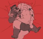  2022 anthro aroused bear bernie_(bernie_burr) bite black_bear black_body blush breath clothing dominant dominant_male duo embrace eyewear fondling glasses hand_under_shirt hi_res holding_partner intimate kissing_neck leg_wrap looking_pleasured lying male male/male mammal muscular muscular_male narrowed_eyes neck_bite officialdogking open_mouth panting pillow sexual_tension size_difference spread_legs spreading submissive submissive_male teasing underwear ursine white_body 