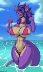  3:5 absurd_res anthro belly_scales big_breasts bikini breasts choker cleavage clothed clothing cloud day dragon female green_eyes hair hi_res horn jewelry katanasmirk looking_at_viewer necklace outside partially_submerged purple_body purple_hair purple_scales scales scalie sky solo standing standing_in_water swimwear wide_hips 