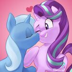  1:1 absurd_res blue_body blue_fur duo equid equine female female/female feral friendship_is_magic fur hasbro hexecat hi_res horn horse kissing kissing_cheek mammal my_little_pony pink_body pink_fur pony purple_eyes smile starlight_glimmer_(mlp) trixie_(mlp) unicorn 
