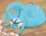  ambiguous_gender artist_name belly big_belly blue_body blue_pawpads blue_tail closed_smile ear_frill eeveelution feral frill_(anatomy) full-length_portrait generation_1_pokemon glistening glistening_eyes head_crest head_frill hi_res huge_belly hyper hyper_belly looking_at_viewer lying mouth_closed nintendo on_front pawpads pokemon pokemon_(species) portrait purple_eyes roobin solo tail vaporeon water yellow_frill 