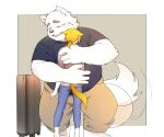  2023 anthro bottomwear canid canine canis clothing domestic_dog duo embrace eyes_closed hi_res hug inunoshippo kemono male mammal overweight overweight_male pants shirt tail tail_motion tailwag topwear 