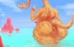  anthro beach big_breasts big_butt bodily_fluids breasts butt dinosaur female hi_res huge_butt long_neck orange_body overweight reptile scalie seaside smashmat solo spots sweat thick_thighs wide_hips 