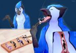  anthro arms_tied avian beak black_beak black_body black_fur blue_background blue_body blue_eyes blue_fur bodily_fluids bound bovid canid caprine chopsticks eating equid equine eyes_closed fur goat group horse imminent_oral_vore imminent_vore internal legs_tied licking licking_lips licking_own_lips lying male male/male male_pred male_prey mammal on_back on_front on_side on_tongue pink_tongue purple_body roobin saliva saliva_string signature simple_background tongue tongue_out vore white_body white_fur 