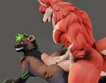  3d_(artwork) anthro big_penis black_claws black_nose canid canine canis clawed_fingers claws danny_sterling_(spitfire420007) digital_media_(artwork) duo ear_piercing ear_ring fan_character from_behind_position fur genitals green_claws hand_on_penis hi_res hot_dogging huge_penis imminent_sex larger_male looking_back male male/male mammal nude nude_male open_mouth penis piercing rear_view red_body red_fur ring_piercing sex sharp_teeth simple_background size_difference smaller_male sneakyphox teeth tongue tongue_out vein veiny_muscles veiny_penis white_body white_fur wolf 