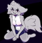  ambiguous_species anthro blue_clothing breasts clothing collar dolphin_shorts exposed_breasts female fluffy fur grey_body grey_fur hair hair_over_eye hi_res long_tail navel nipples one_eye_obstructed pink_collar pink_eyes robynfloof sitting smile solo tail thick_thighs white_midriff 