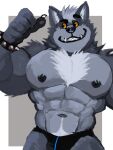  2023 abs absurd_res anthro barazoku biceps big_muscles big_pecs border bracelet bulge canid canine canis claws clothed clothing darknaigart eyebrows fluffy fur grey_background grey_body grey_fur hair hi_res huge_muscles jewelry male mammal multicolored_body multicolored_fur muscular muscular_anthro muscular_male navel nipples obliques painterly pecs simple_background smile solo spiked_bracelet spikes standing teeth thong topless topless_anthro topless_male tuft two_tone_body two_tone_fur underwear white_border wolf 