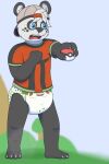  2:3 bear black_and_white_fur blue_eyes claws clothed clothing diaper fennecat_(artist) generation_3_pokemon giant_panda hat headgear headwear hi_res male mammal nintendo pokeball pokemon pokemon_(species) shirt solo t-shirt topwear treecko watermark wearing_diaper young 