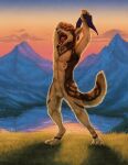  animal_genitalia anthro backlighting balls brown_body brown_fur canid canine canis cheek_tuft chest_tuft claws cloud countershade_torso countershading coyote detailed detailed_background detailed_fur digitigrade eyes_closed facial_tuft fangs finger_claws fluffy fluffy_tail fully_sheathed fur genitals grass head_tuft inner_ear_fluff kippycube lake light lighting male mammal mountain nude open_mouth outside plant raised_arms shaded sheath signature sky snout solo spots spotted_body spotted_fur stretching sunrise tail teeth toe_claws tongue tuft yawn 