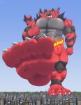  2022 4_toes abs absurd_res anthro biceps biped city city_destruction claws destruction digital_media_(artwork) feet fire fist foot_fetish foot_focus generation_7_pokemon hi_res incineroar landscape_dwarfing looking_down low-angle_view macro male muscular muscular_anthro muscular_male muscular_thighs nintendo paws pecs pokemon pokemon_(species) raised_foot solo tail teeth toe_claws toes tusks xamz 