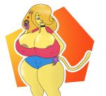  anthro big_breasts big_butt breasts brown_nipples butt controller erect_nipples fan_character felid feline female fur hair hi_res huge_breasts mammal mrschllyay nipples orange_hair remote_control sally_furbomb simple_background smile solo wide_hips yellow_body yellow_fur 