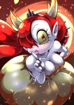 big_breasts black_tiara breasts clothing cocco disney dress female hair hekapoo hi_res horn horned_humanoid humanoid humanoid_pointy_ears lipstick makeup not_furry one_eye_visible pale_skin red_eyes red_hair shush solo star_vs._the_forces_of_evil warm_colors wide_eyed yellow_clothing yellow_dress yellow_sclera 