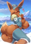  &lt;3 2023 absurd_res anthro anthrofied anus areola ashraely big_breasts blurred_background breasts brown_areola brown_nipples butt clothing cloud digital_media_(artwork) eevee female fingers generation_1_pokemon genitals hi_res looking_at_viewer mountain nintendo nipples outside pokemon pokemon_(species) pussy smile snow solo winter 