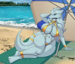  absurd_res anklet anthro beach beach_towel big_breasts bikini blue_eyes bracelet breasts choker cleavage clothed clothing fan_character female fluffy fluffy_tail fur generation_5_pokemon hair hi_res jewelry katanasmirk legendary_pokemon looking_at_viewer necklace nintendo outside pokemon pokemon_(species) rebecca_alexandrite reshiram sand seaside small_waist smile solo swimwear tail thick_thighs towel umbrella water wet white_body white_fur white_hair wide_hips 