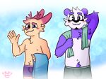  4:3 anthro antlers armpit_hair bear blush body_hair clothing duo ear_piercing ear_ring fur gesture giant_panda hi_res horn jackalope lagomorph looking_at_viewer male mammal piercing pink_marky purple_body purple_fur ring_piercing simple_background smile smiling_at_viewer towel towel_on_shoulder underwear waving waving_at_viewer white_body white_fur yellow_body yellow_fur 