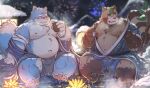  2023 absurd_res anthro asian_clothing belly big_belly blush brown_body cai_yuwang canid canine canis clothing detailed_background domestic_dog duo east_asian_clothing fireworks fundoshi hi_res japanese_clothing kemono leaf male mammal moobs night nipples overweight overweight_male raccoon_dog sitting tanuki underwear water white_body 