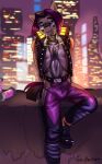  absurd_res aleister_(oc) anthro blaze_(marking) blurred_background bottomwear clothing coat_markings crossover cyberpunk cyberpunk_2077 earth_pony equid equine eyebrows facial_hair facial_markings fan_character glistening glistening_clothing goatee hasbro head_markings hi_res horse jedayskayvoker latex latex_clothing male mammal markings my_little_pony night_city pants pony punk short_tail solo tail thick_eyebrows 