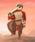  2023 anthro balls bandage belt black_nose cactus canid canine canis cape cheek_tuft clothing digital_media_(artwork) erection facial_tuft fur genitals grey_body grey_fur head_tuft hi_res holding_object holding_sword holding_weapon light lighting male mammal melee_weapon mostly_nude outside penis plant rock shaded smile solo sword text tuft url weapon wolf yellow_eyes zhanbow 