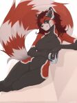  ailurid ansart anthro athletic black_body breasts container cup female fluffy fluffy_tail green_eyes hair hi_res mammal nipple_outline red_body red_hair red_panda sitting smile solo tail 