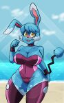  absolute_territory anthro azumarill big_breasts blue_body bow_tie breasts bunny_costume cleavage clothed clothing collar costume cuffs_(clothing) diamond_grenadier female generation_2_pokemon hi_res legwear nintendo pokemon pokemon_(species) solo spots swimwear thigh_highs tight_clothing white_spots yellow_eyes 