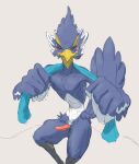  anthro avian beak bird blue_body blue_feathers breath_of_the_wild digital_media_(artwork) erection eyes_closed feathers genitals hi_res male nintendo nude open_mouth penis revali rito scuotivento simple_background sitting skinny slim small_waist smile solo the_legend_of_zelda white_background winged_arms wings 