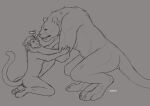  anthro artist_name closed_smile digitigrade duo fangs felid female hi_res kneeling looking_at_another mammal monochrome mouth_closed nude pawpads roobin side_view sketch species_request teeth 