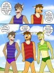  2017 adam_caro anthro beach bulge canid canine canis casey_ramser clothing comic coyote crop_top deer dialogue embarrassed english_text felid feline fuze group hands_on_hips hi_res lynx male mammal midriff mond_reyes seaside shirt speedo swimwear tank_top texnatsu text topwear trio 