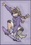  2023 action_pose anthro blue_eyes bottomwear canid clothing female fur grey_body grey_fur grin hair hi_res hoodie mammal pink_nose pose purple_background purple_clothing purple_hoodie purple_topwear shorts simple_background skateboard skateboarding smile solo topwear white_body white_fur yshanii 