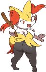  anthro big_butt braixen butt female generation_6_pokemon hi_res holding_object holding_stick inner_ear_fluff looking_at_viewer looking_back multicolored_body nintendo nude open_mouth pokemon pokemon_(species) red_eyes solo stick thick_thighs tuft vilepluff wide_hips 