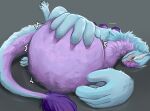  ambiguous_gender artist_name belly big_belly blue_body blue_fur blush front_view fur glistening glistening_eyes hand_on_stomach hi_res horn huge_belly lying mouth_closed neck_tuft on_side purple_body purple_eyes purple_fur roobin simple_background solo species_request tail tail_tuft tuft vore 