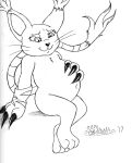  2017 anthro bandai_namco claws digimon digimon_(species) domestic_cat ear_tuft ears_up felid feline felis female fur gatomon half-closed_eyes hand_on_stomach hi_res looking_at_belly mammal marcushunter monochrome mouth_closed narrowed_eyes nude paws pregnant pregnant_female raised_tail signature sitting smile solo tail tail_tuft tuft whiskers 