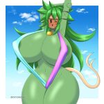  1:1 absurd_res areola big_breasts bikini black_eyes blaster_master blush breasts choker clothing crysnickel elemental_creature elemental_humanoid female flora_fauna for_a_head green_areola green_body green_hair hair hi_res huge_breasts humanoid jewelry kanna_(blaster_master) necklace not_furry object_head open_mouth plant plant_humanoid raised_arm sling_bikini solo stretching swimwear thick_thighs wide_hips 