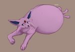  ambiguous_gender artist_name belly big_belly blue_inner_ear closed_smile eeveelution espeon feral full-length_portrait generation_2_pokemon hi_res huge_belly lying mouth_closed nintendo on_front pokemon pokemon_(species) portrait purple_body purple_ears purple_sclera roobin simple_background solo white_eyes 