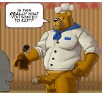  2023 anthro balls bear bear&#039;s_restaurant belly black_eyes black_nose blush chef chef_hat chef_uniform clothing dialogue dot_eyes duo english_text genitals hat headgear headwear hi_res hunter-husky male mammal overweight overweight_male penis solo_focus text 